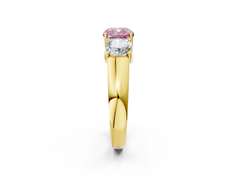 Yellow gold Three-Stone Fancy Pink Cushion Cut Cut Diamond Ring with Prong Setting and Classic Band_2