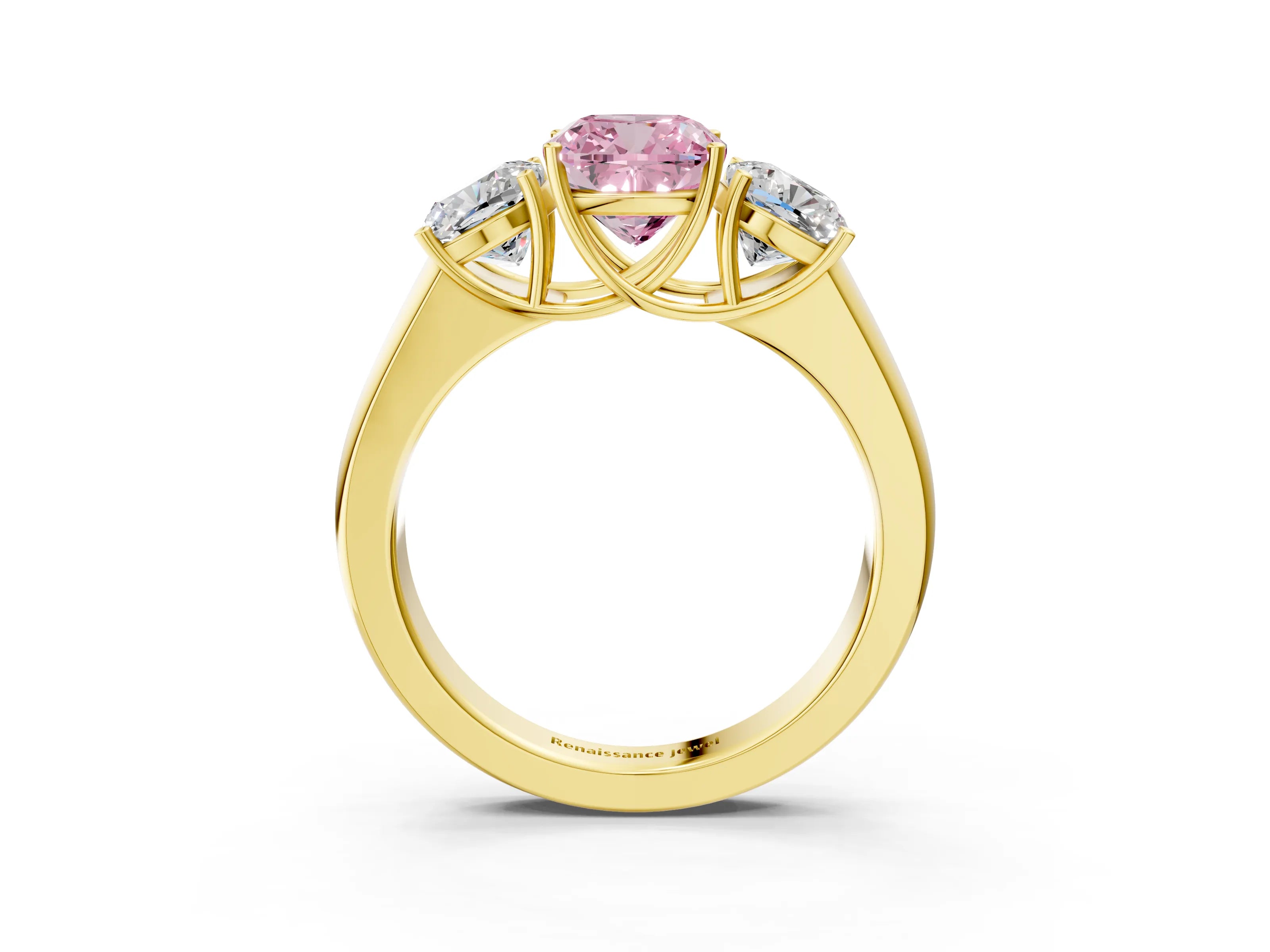 Yellow gold Three-Stone Fancy Pink Cushion Cut Cut Diamond Ring with Prong Setting and Classic Band_3