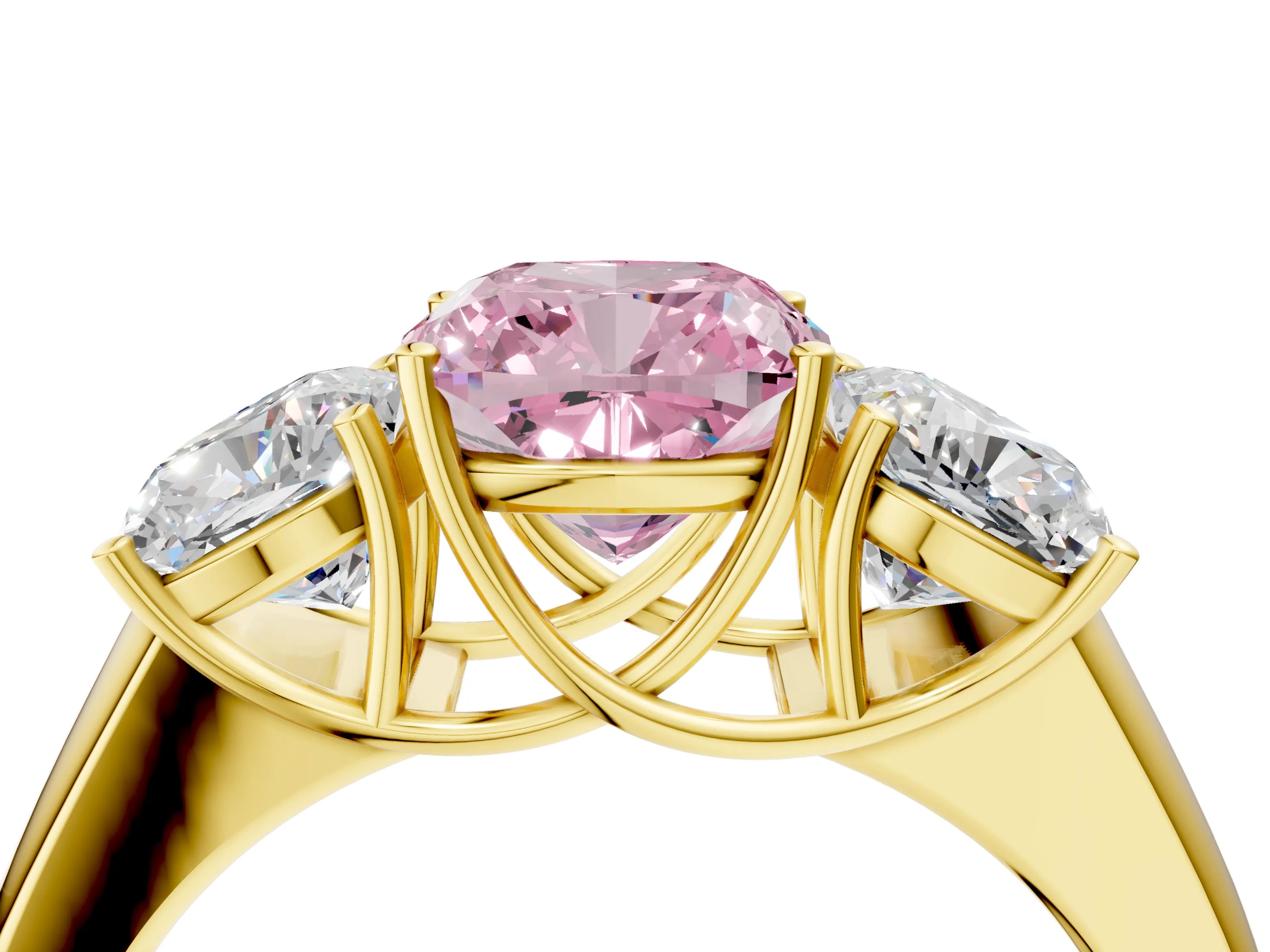 Yellow gold Three-Stone Fancy Pink Cushion Cut Cut Diamond Ring with Prong Setting and Classic Band_4