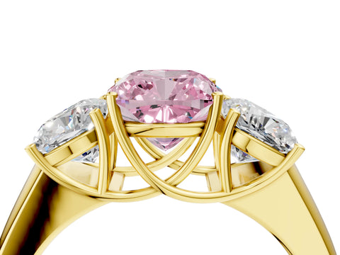 Yellow gold Three-Stone Fancy Pink Cushion Cut Cut Diamond Ring with Prong Setting and Classic Band_4