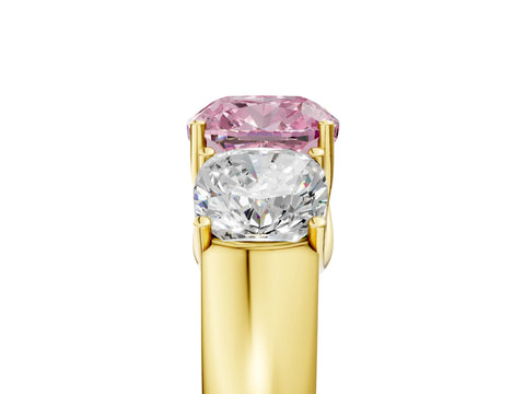 Yellow gold Three-Stone Fancy Pink Cushion Cut Cut Diamond Ring with Prong Setting and Classic Band_5