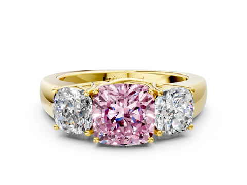Yellow gold Three-Stone Fancy Pink Cushion Cut Cut Diamond Ring with Prong Setting and Classic Band