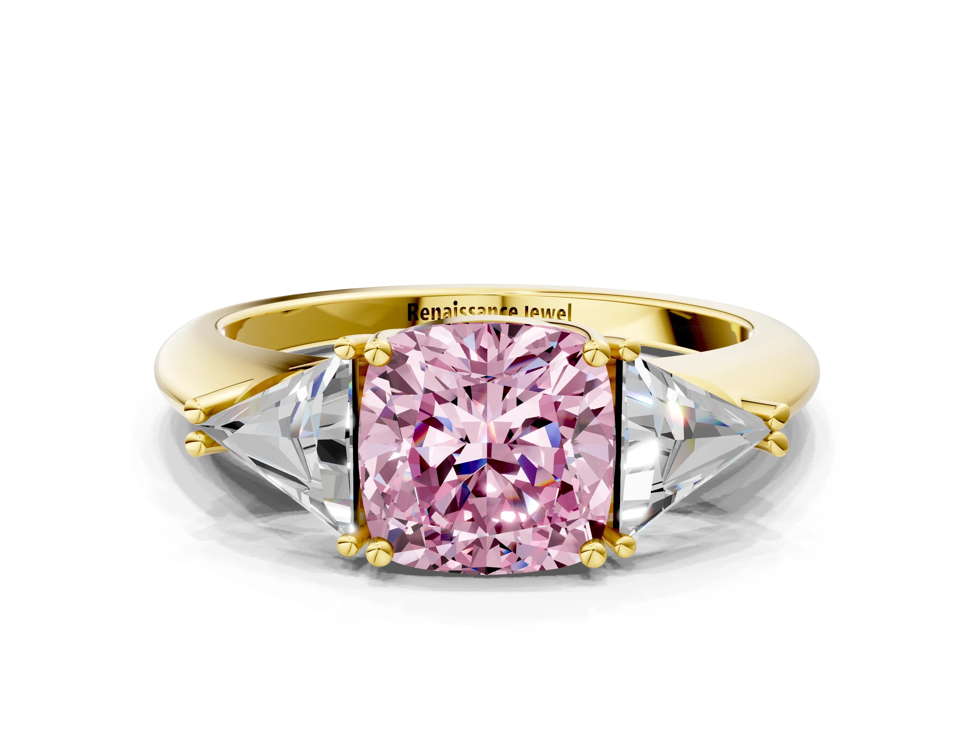 Yellow gold Three-Stone Fancy Pink Cushion Cut Cut Diamond Ring with Trillion Side Stones and Four-Prong Setting_3