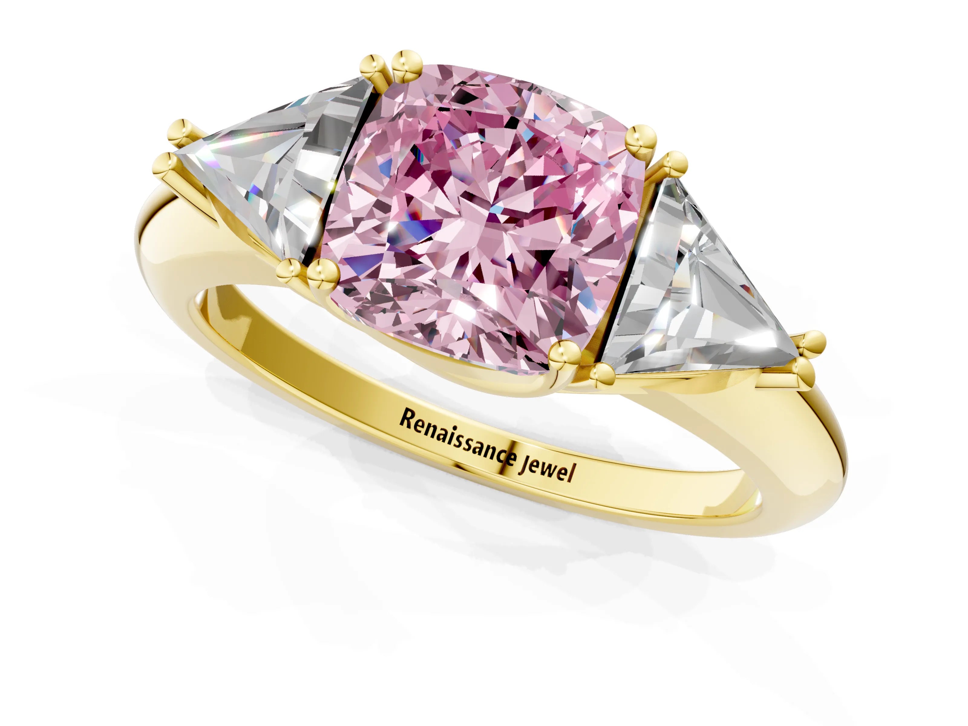 Yellow gold Three-Stone Fancy Pink Cushion Cut Cut Diamond Ring with Trillion Side Stones and Four-Prong Setting_4