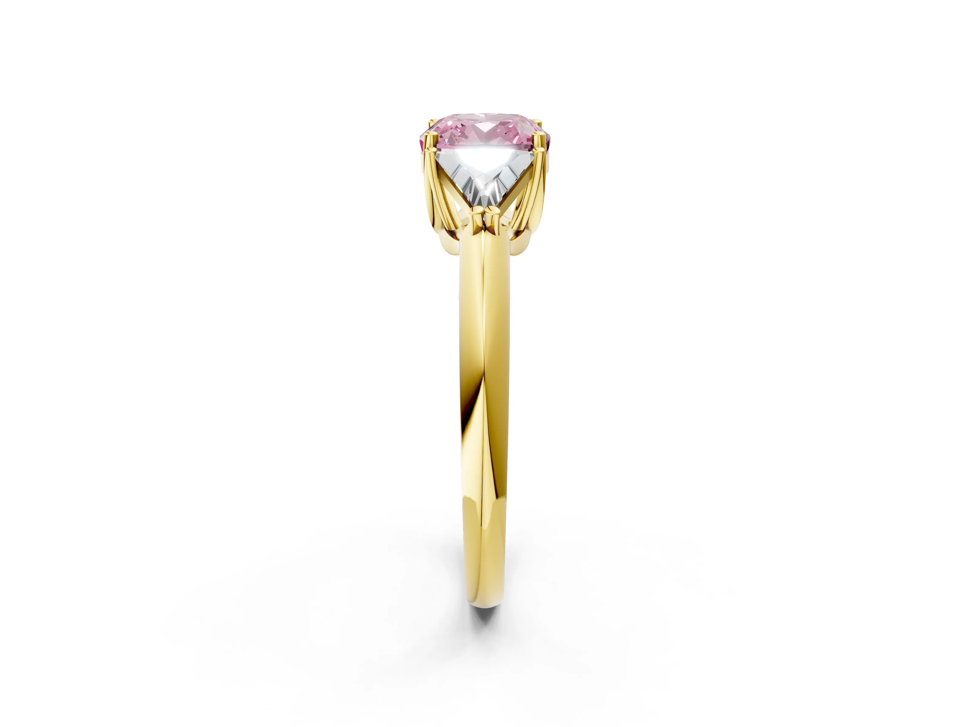 Yellow gold Three-Stone Fancy Pink Cushion Cut Cut Diamond Ring with Trillion Side Stones and Four-Prong Setting_5