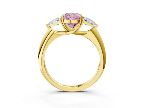 Yellow gold Three-Stone Fancy Pink Cushion Cut Cut Diamond Ring with Trillion Side Stones and Four-Prong Setting_6