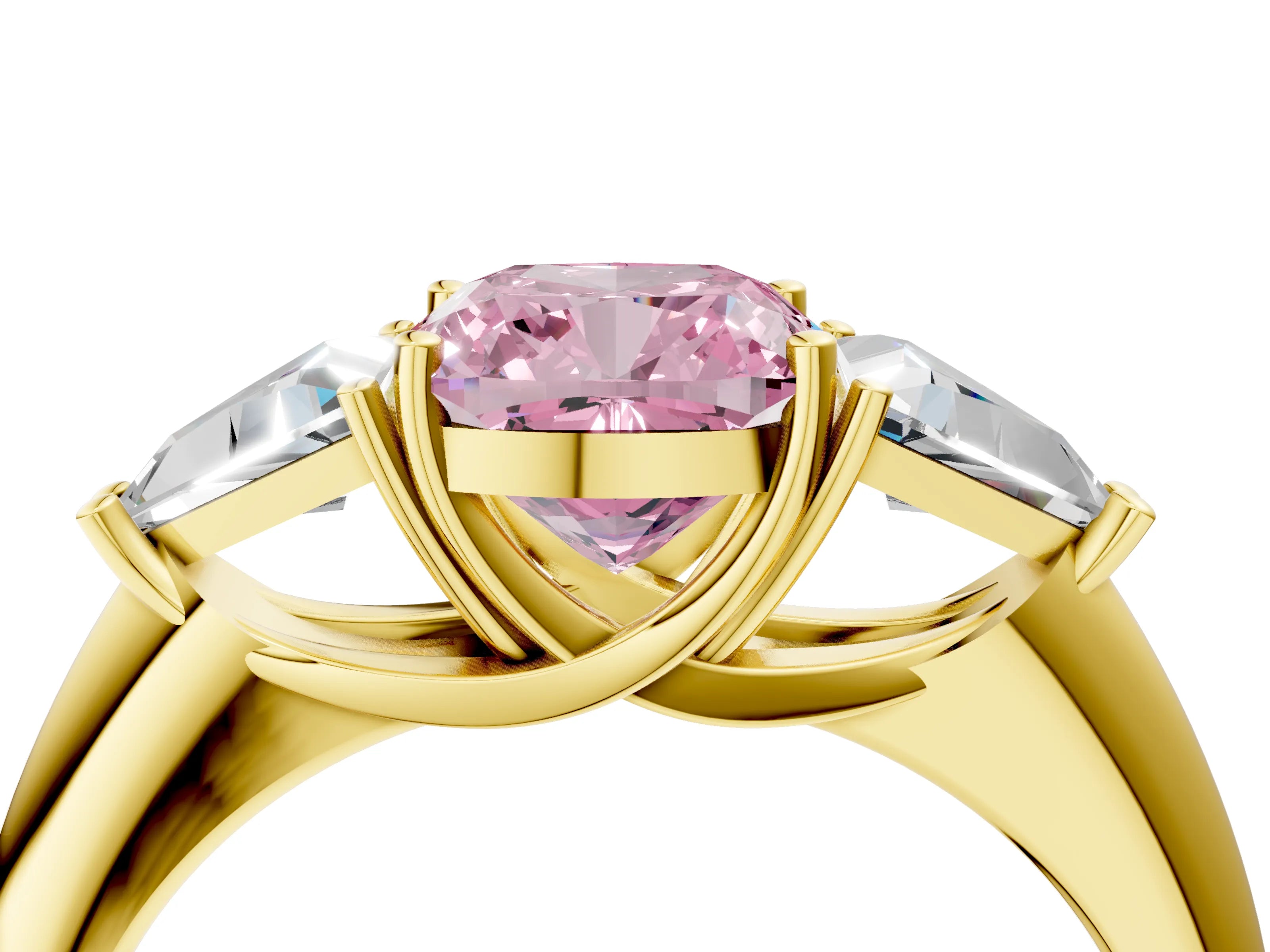Yellow gold Three-Stone Fancy Pink Cushion Cut Cut Diamond Ring with Trillion Side Stones and Four-Prong Setting_7