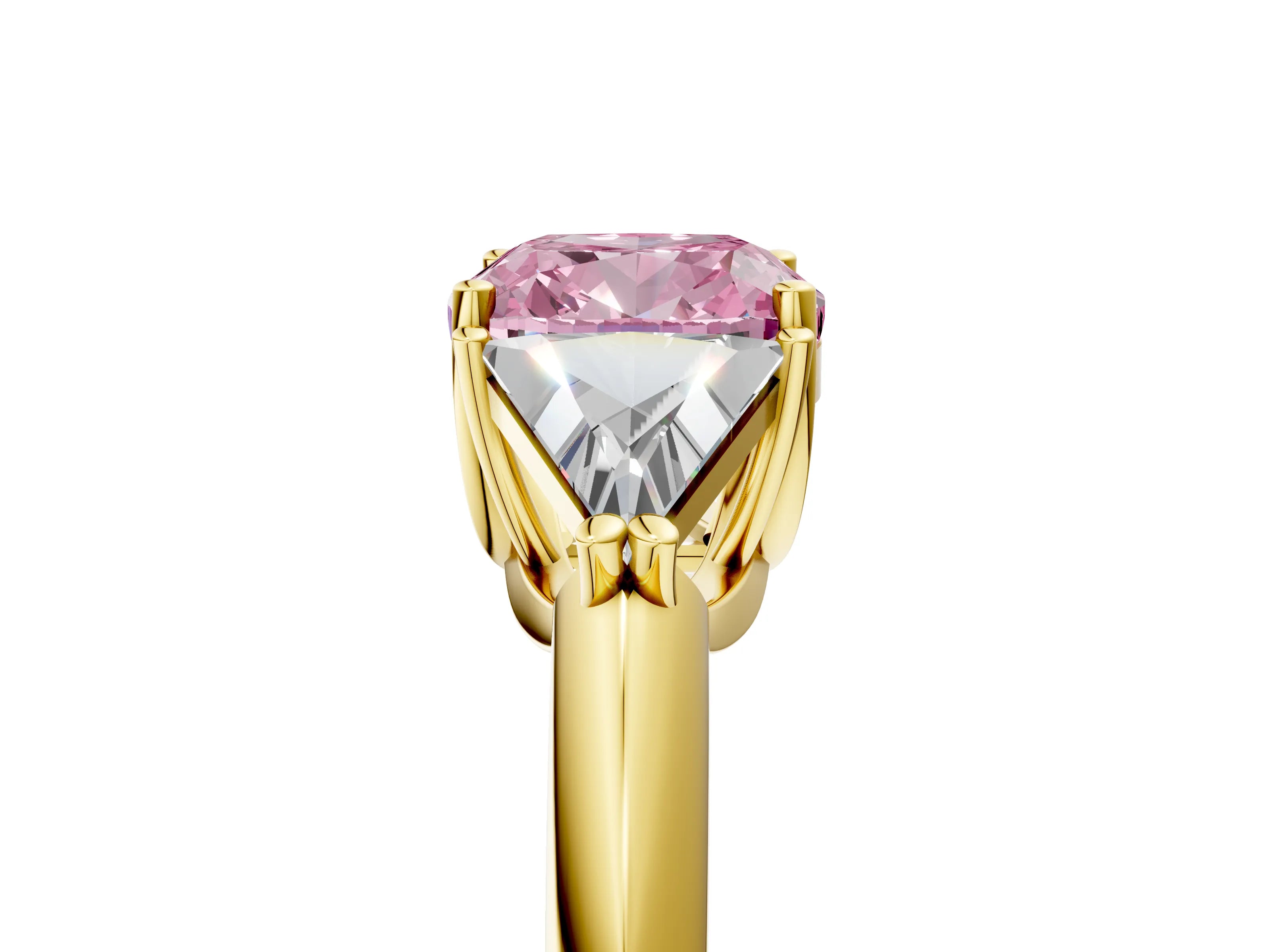 Yellow gold Three-Stone Fancy Pink Cushion Cut Cut Diamond Ring with Trillion Side Stones and Four-Prong Setting_8
