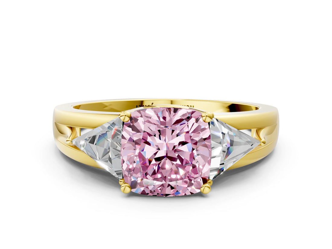 Yellow gold Three-Stone Fancy Pink Cushion Cut Cut Diamond Ring with Trillion Side Stones on a Split Shank Band