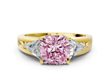 Yellow gold Three-Stone Fancy Pink Cushion Cut Cut Diamond Ring with Trillion Side Stones on a Split Shank Band