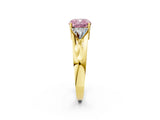 Yellow gold Three-Stone Fancy Pink Cushion Cut Cut Diamond Ring with Trillion Side Stones on a Split Shank Band_2