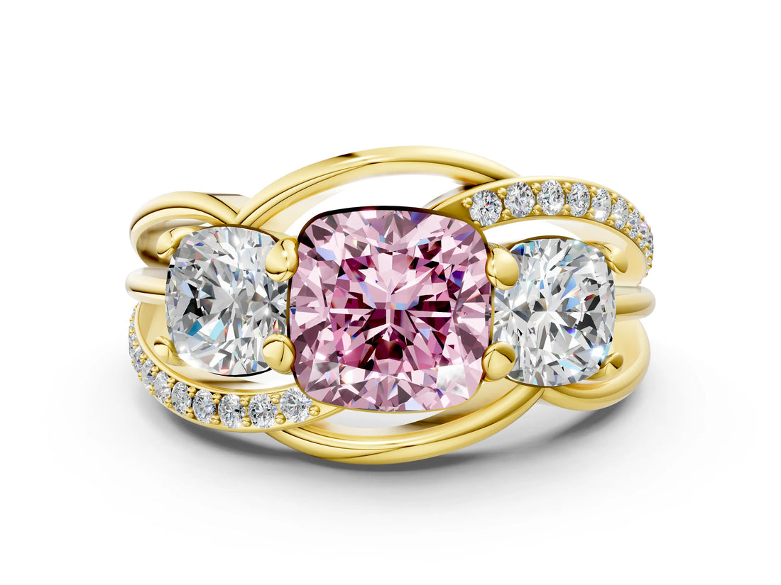 Yellow gold Three-Stone Fancy Pink Cushion Cut Cut Diamond Split Shank Prong Set Ring