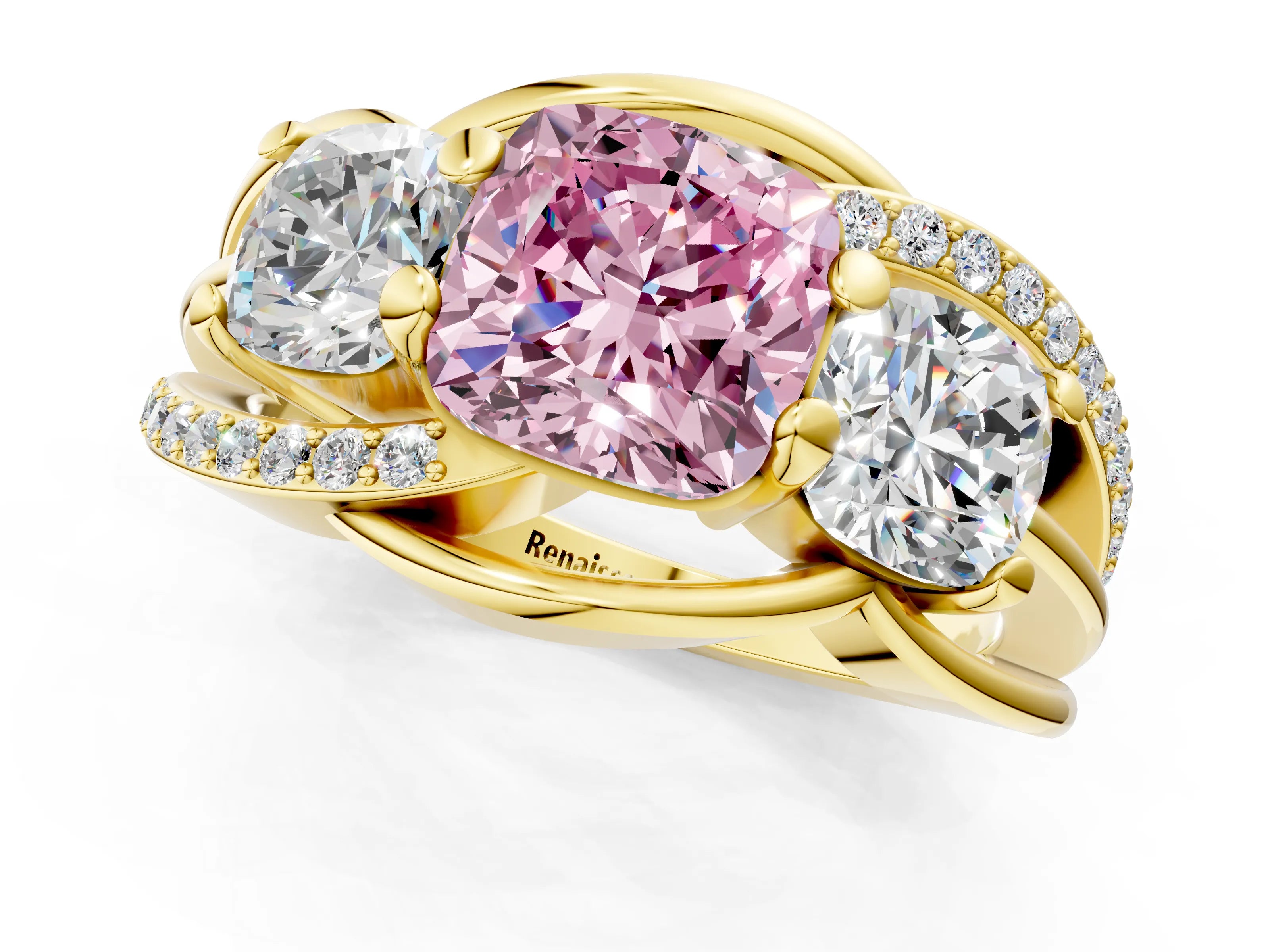 Yellow gold Three-Stone Fancy Pink Cushion Cut Cut Diamond Split Shank Prong Set Ring_1
