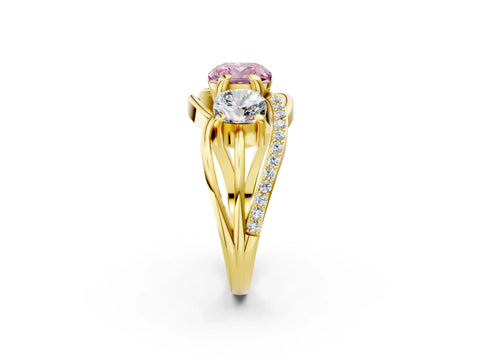 Yellow gold Three-Stone Fancy Pink Cushion Cut Cut Diamond Split Shank Prong Set Ring_2