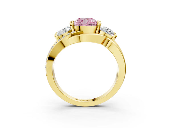 Yellow Gold Cushion Cut Three Stone Split Shank Engagement Ring Setting for Fancy Pink Center