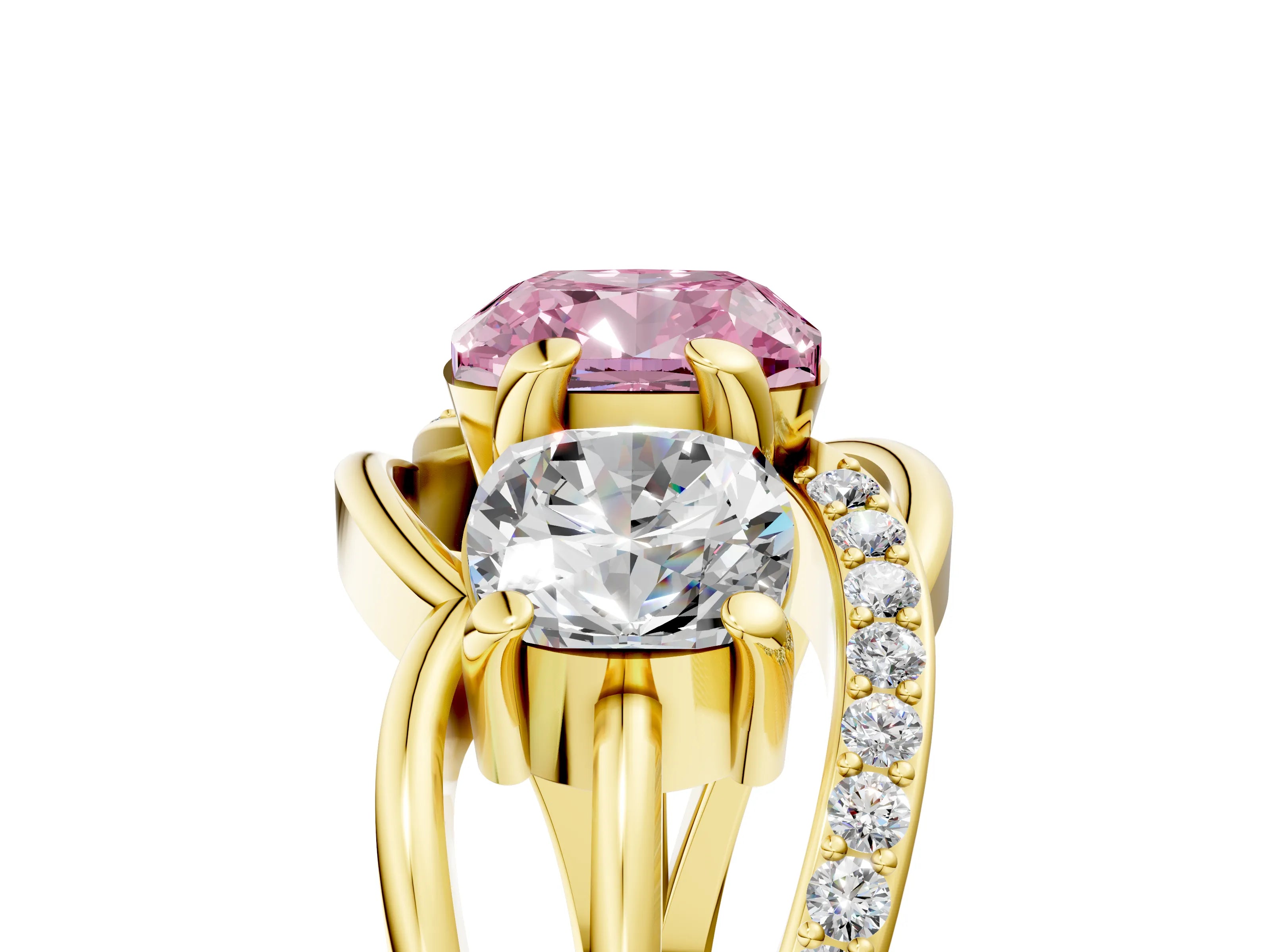 Yellow gold Three-Stone Fancy Pink Cushion Cut Cut Diamond Split Shank Prong Set Ring_5