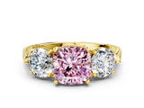 Yellow gold Three-Stone Fancy Pink Cushion Cut Cut Milgrain Band Prong Setting Ring
