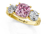 Yellow gold Three-Stone Fancy Pink Cushion Cut Cut Milgrain Band Prong Setting Ring_1