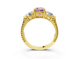 Yellow gold Three-Stone Fancy Pink Cushion Cut Cut Milgrain Band Prong Setting Ring_3
