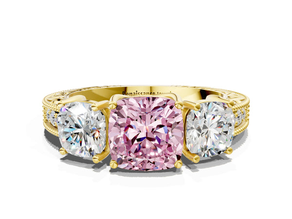 Yellow gold Three-Stone Fancy Pink Cushion Cut Cut Milgrain Pavé Engagement Ring