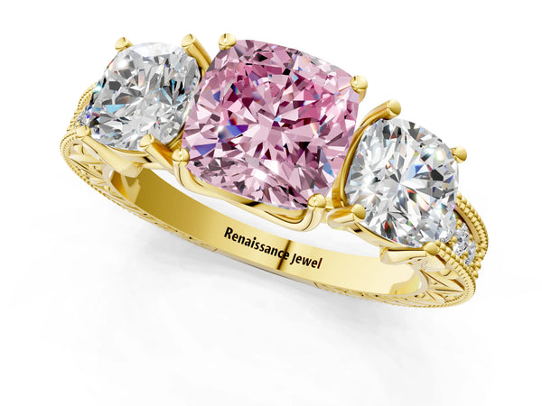 Yellow gold Three-Stone Fancy Pink Cushion Cut Cut Milgrain Pavé Engagement Ring
