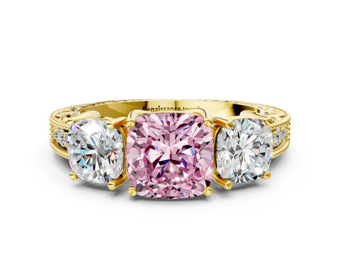 Yellow gold Three-Stone Fancy Pink Cushion Cut Cut Milgrain Pavé Engagement Ring_12