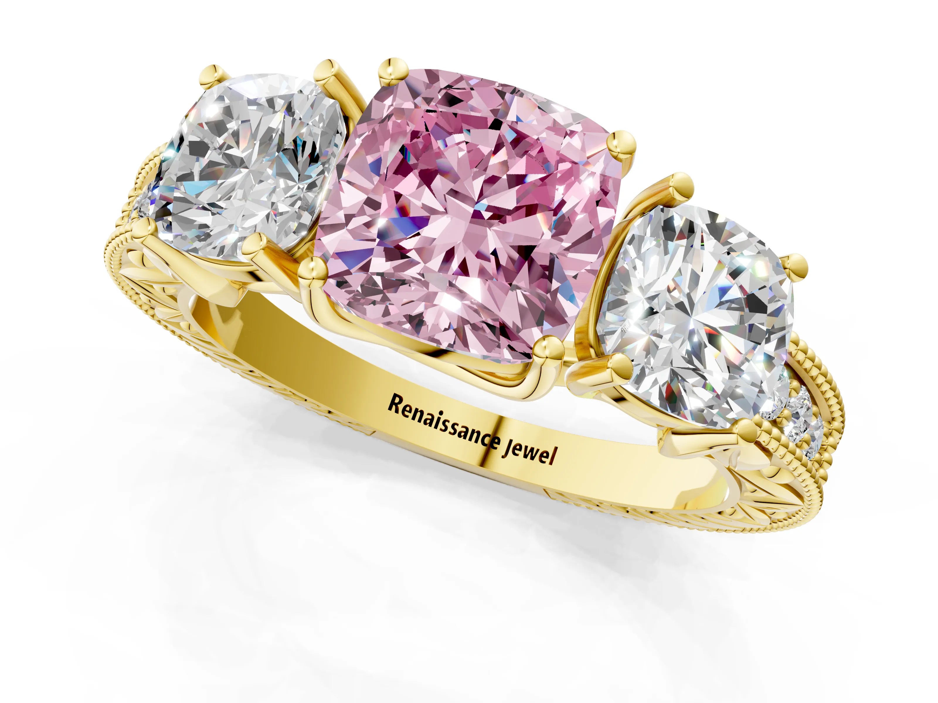 Yellow gold Three-Stone Fancy Pink Cushion Cut Cut Milgrain Pavé Engagement Ring_13