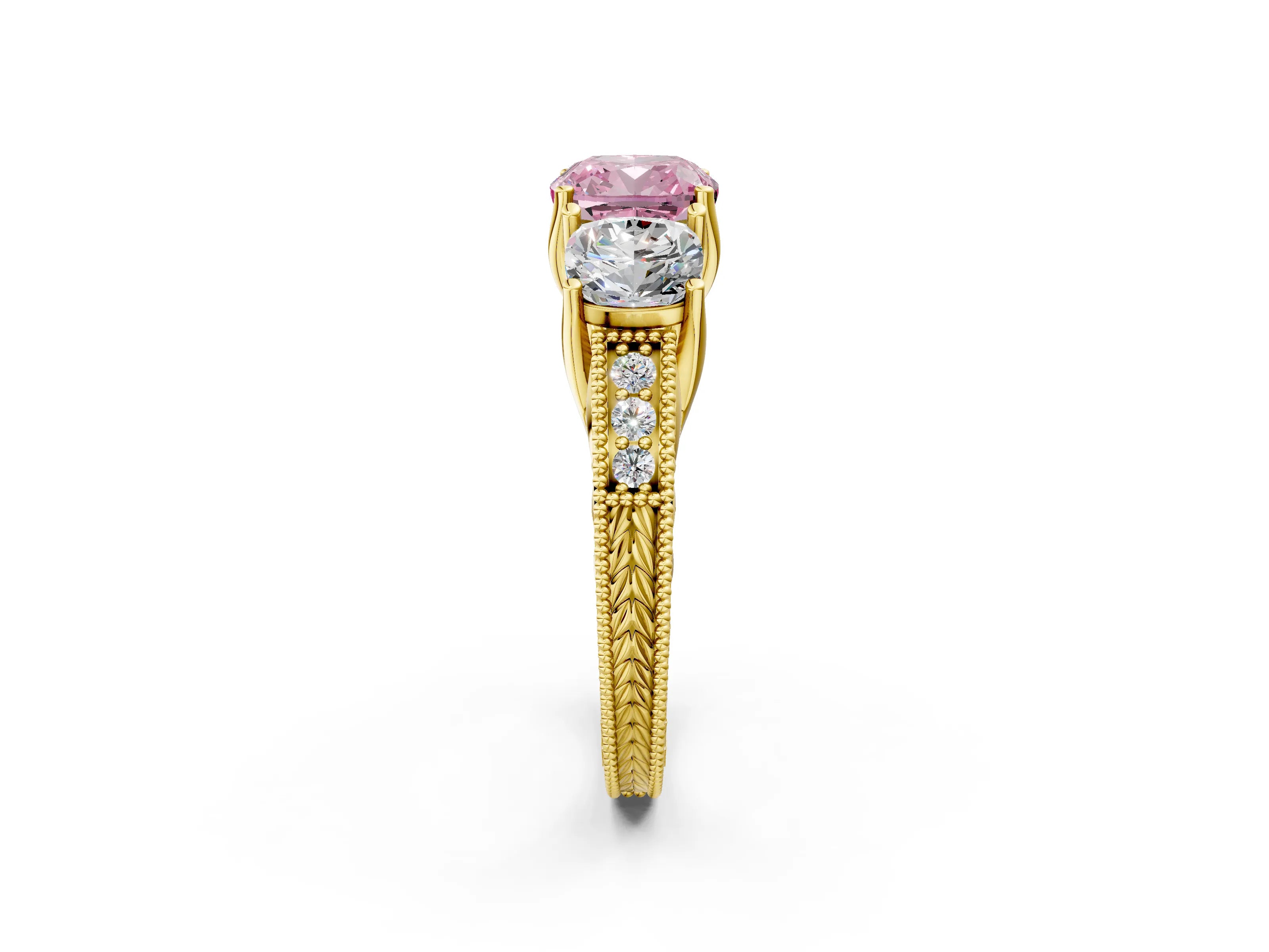 Yellow gold Three-Stone Fancy Pink Cushion Cut Cut Milgrain Pavé Engagement Ring_14