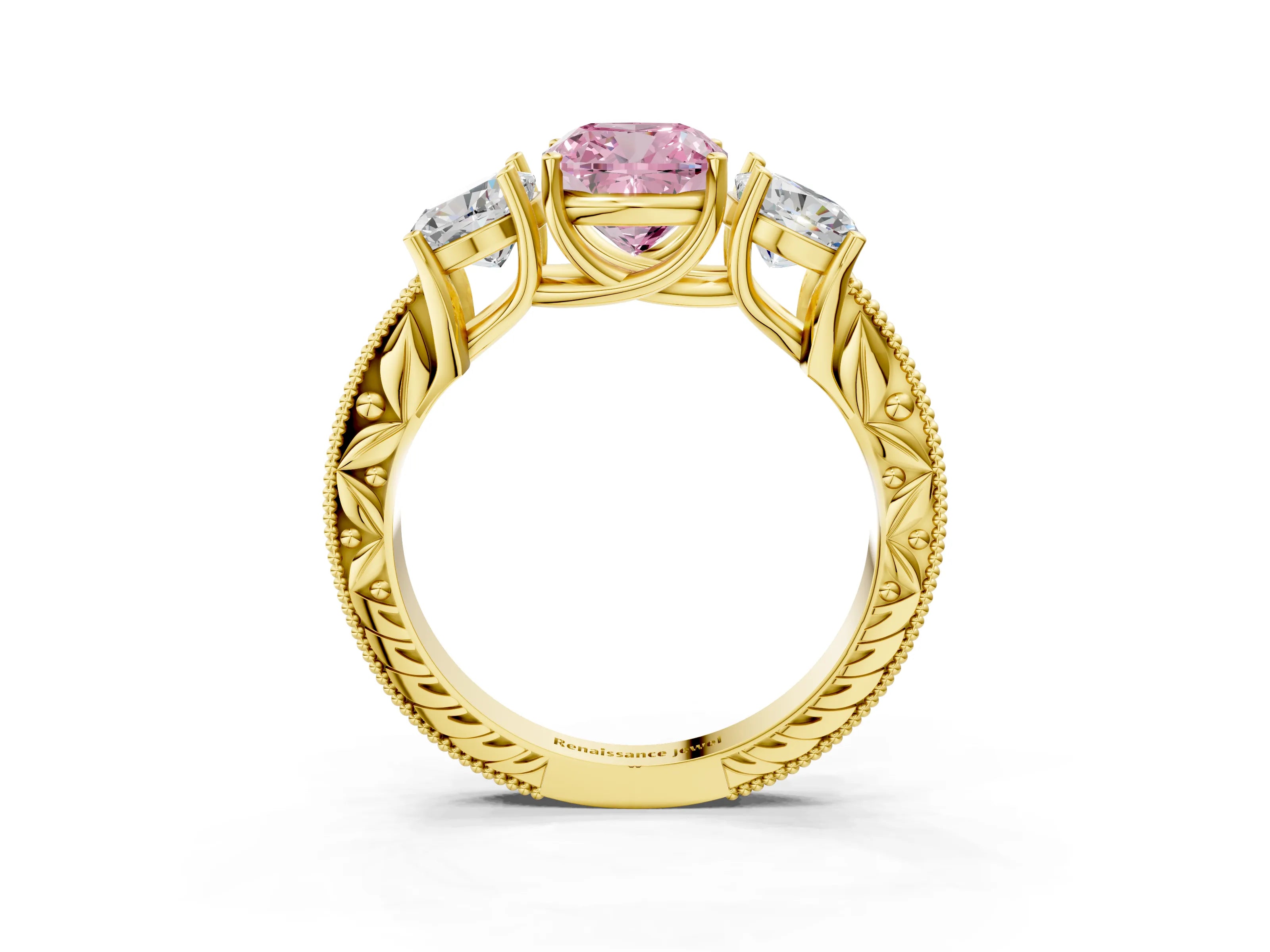 Yellow gold Three-Stone Fancy Pink Cushion Cut Cut Milgrain Pavé Engagement Ring_15