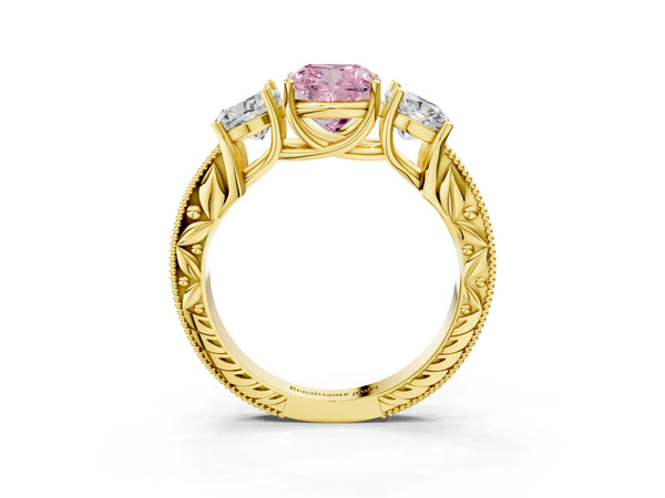 Yellow Gold Cushion Cut Engraved Three Stone Engagement Ring Setting for Fancy Pink Center