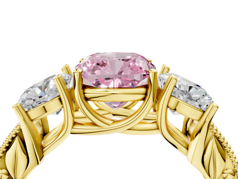 Yellow gold Three-Stone Fancy Pink Cushion Cut Cut Milgrain Pavé Engagement Ring_16