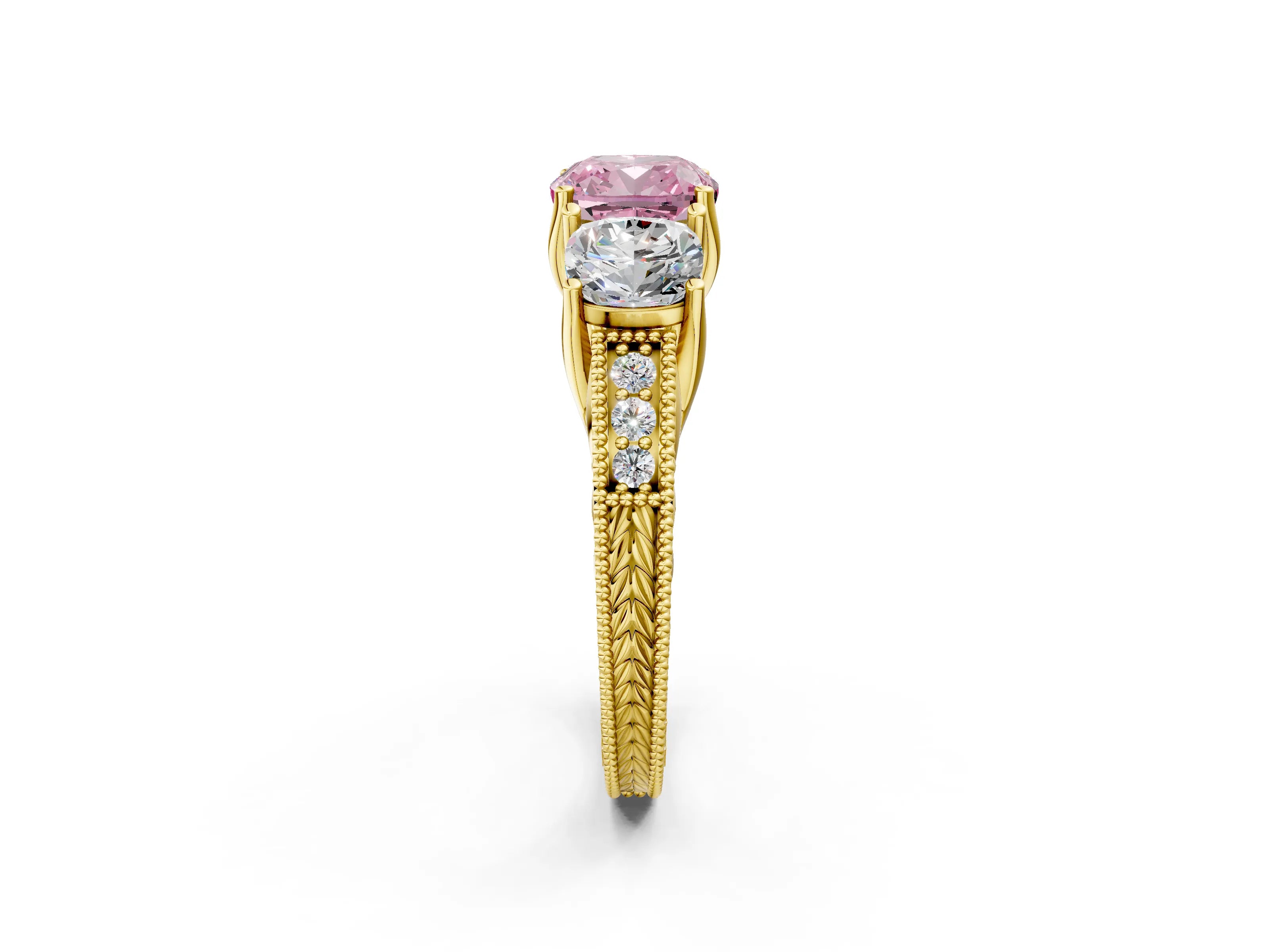 Yellow gold Three-Stone Fancy Pink Cushion Cut Cut Milgrain Pavé Engagement Ring_2