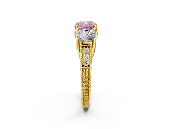 Yellow gold Three-Stone Fancy Pink Cushion Cut Cut Milgrain Pavé Engagement Ring