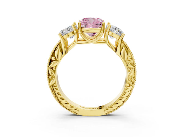 Yellow gold Three-Stone Fancy Pink Cushion Cut Cut Milgrain Pavé Engagement Ring