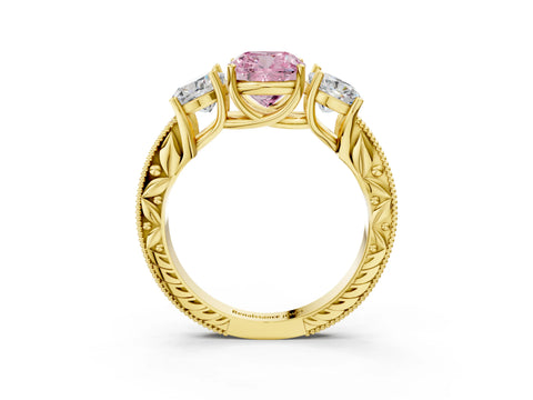 Yellow gold Three-Stone Fancy Pink Cushion Cut Cut Milgrain Pavé Engagement Ring_3