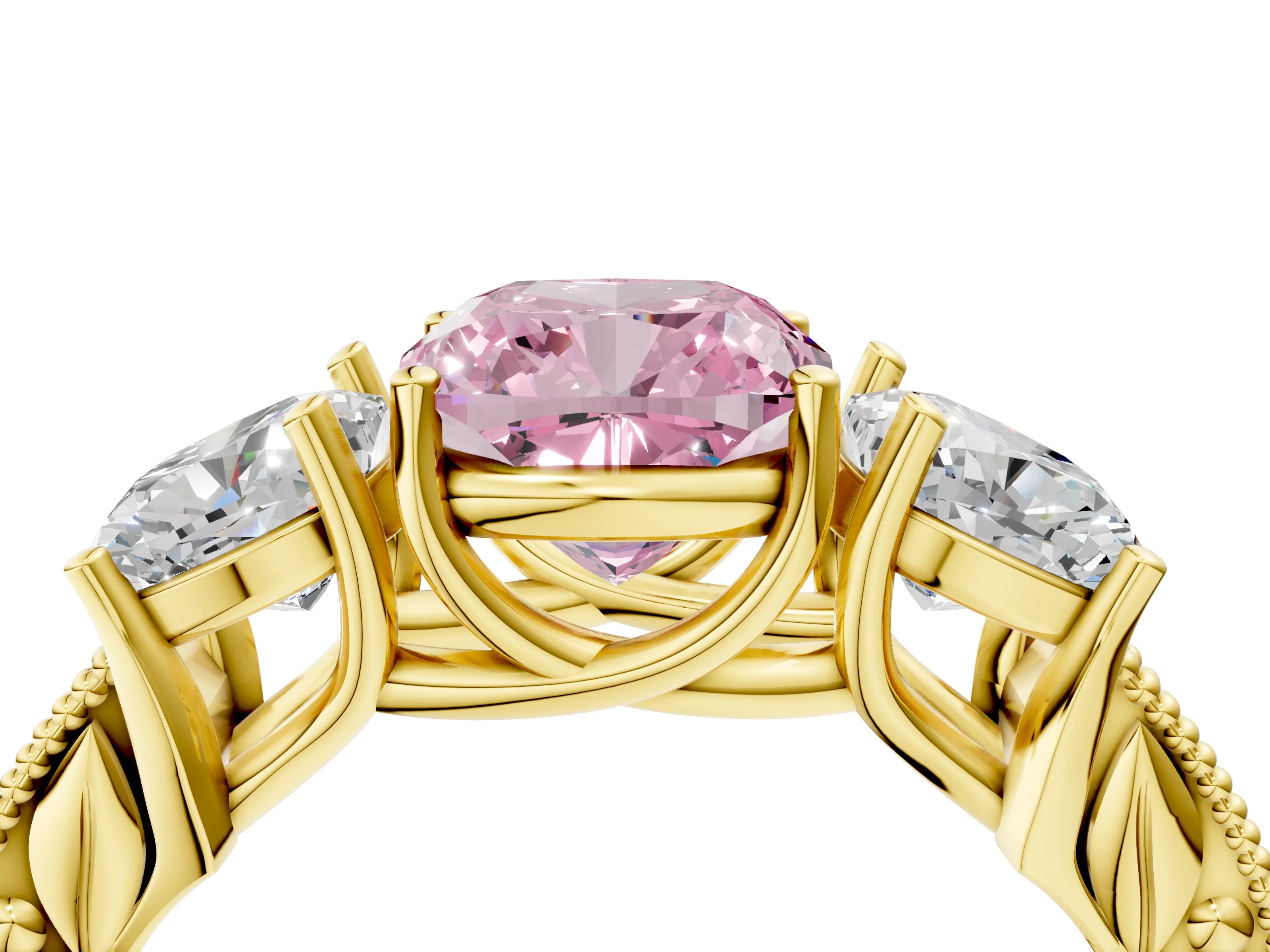 Yellow gold Three-Stone Fancy Pink Cushion Cut Cut Milgrain Pavé Engagement Ring_4