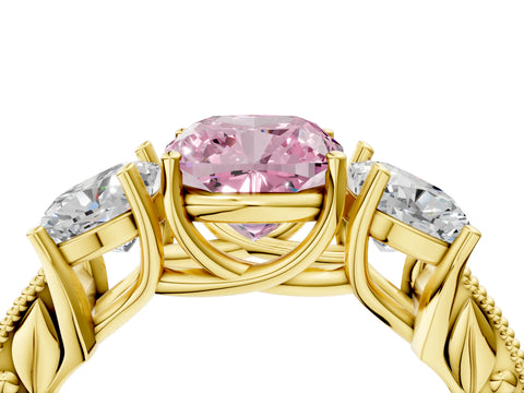 Yellow gold Three-Stone Fancy Pink Cushion Cut Cut Milgrain Pavé Engagement Ring_4