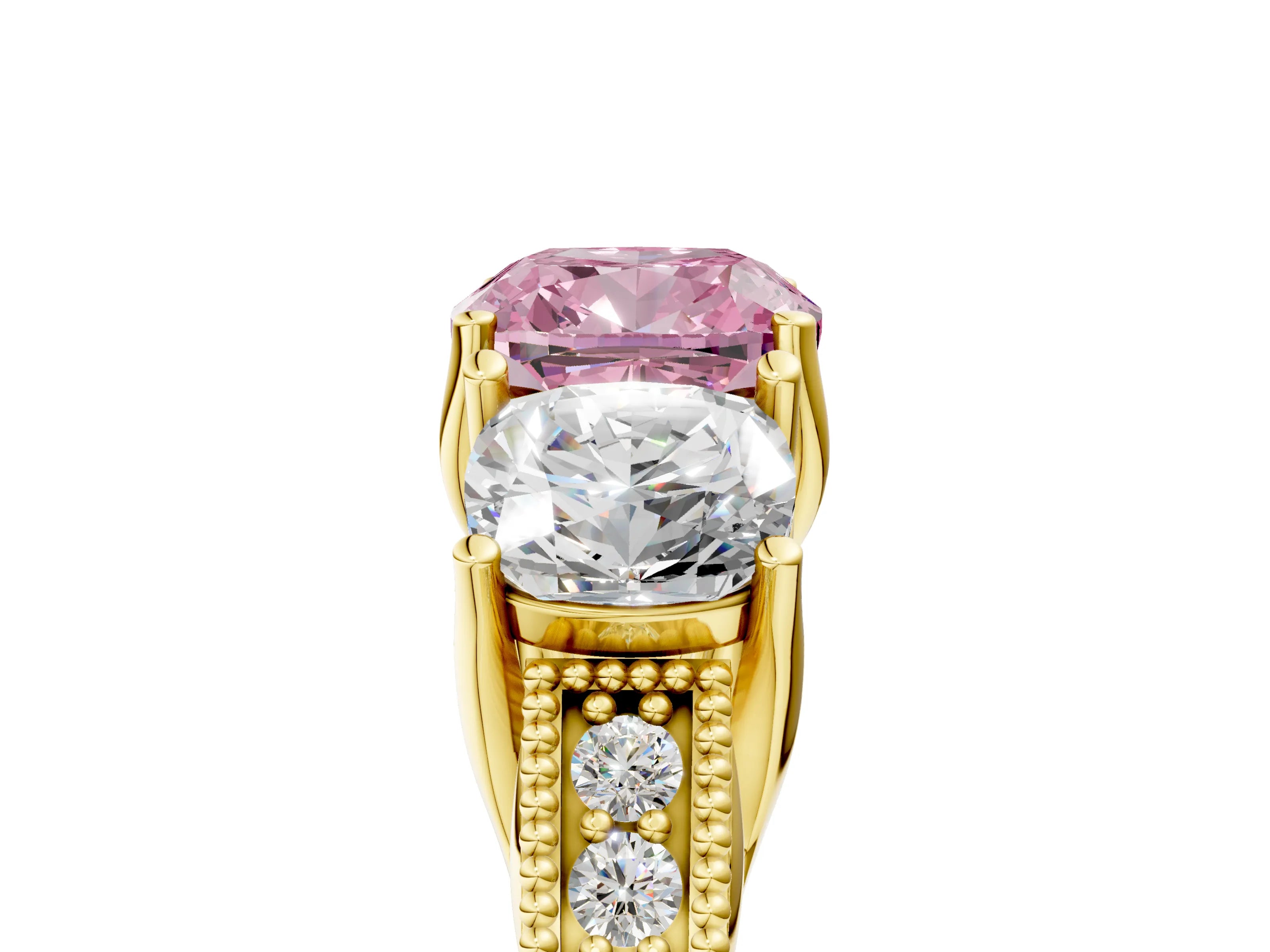 Yellow gold Three-Stone Fancy Pink Cushion Cut Cut Milgrain Pavé Engagement Ring_5