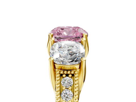 Yellow gold Three-Stone Fancy Pink Cushion Cut Cut Milgrain Pavé Engagement Ring_5