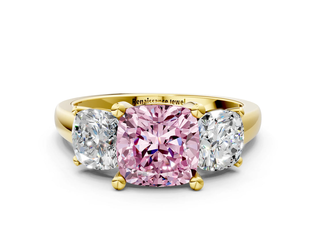 Yellow gold Three-Stone Fancy Pink Cushion Cut Cut Solitaire Ring with Classic Prong Setting