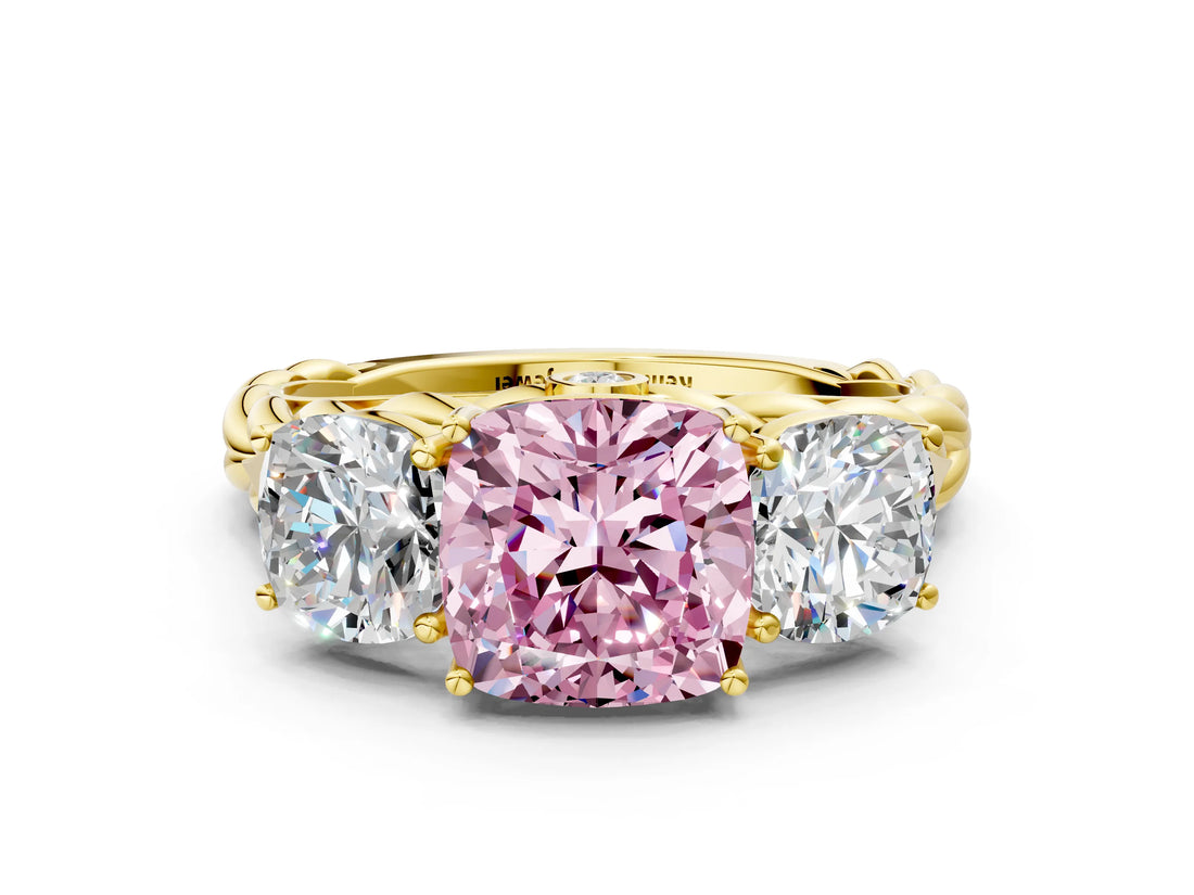 Yellow gold Three-Stone Fancy Pink Cushion Cut Diamond Braided Band Ring with Four-Prong Setting_40