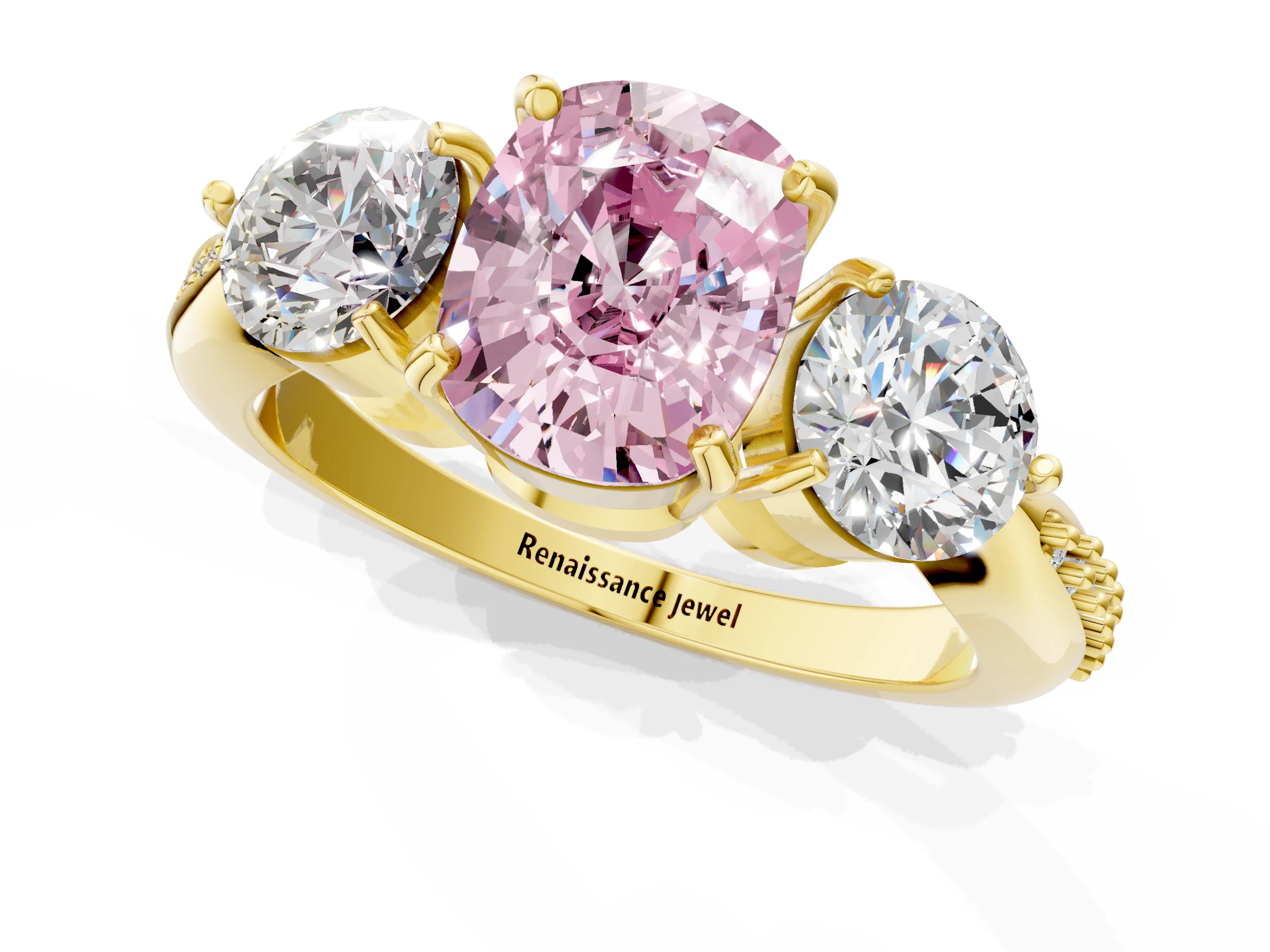Yellow gold Three-Stone Fancy Pink Cushion Cut Diamond Channel Set Engagement Ring with Prong Setting_1