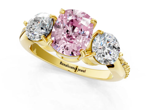 Yellow gold Three-Stone Fancy Pink Cushion Cut Diamond Channel Set Engagement Ring with Prong Setting_13