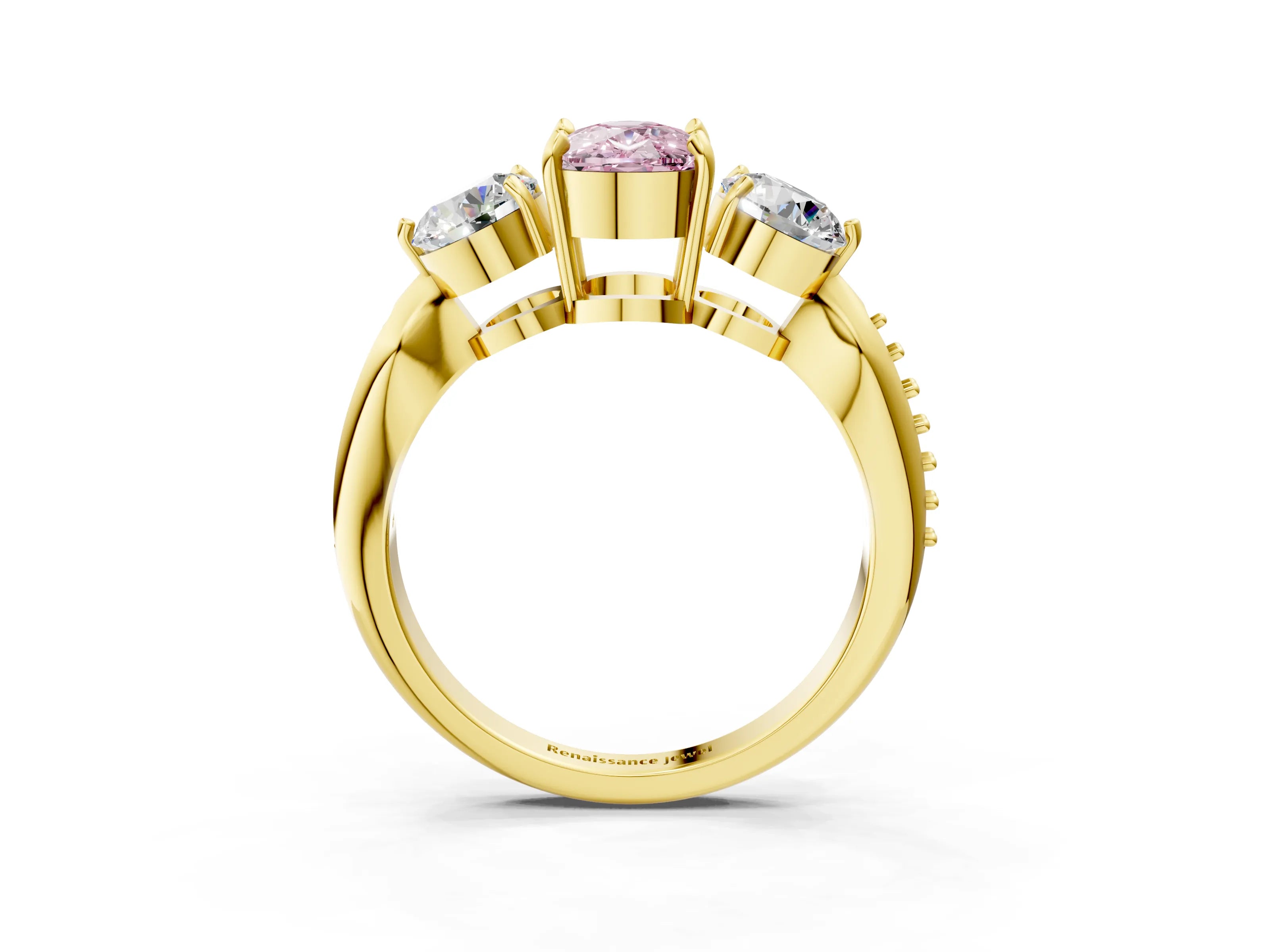 Yellow gold Three-Stone Fancy Pink Cushion Cut Diamond Channel Set Engagement Ring with Prong Setting_15