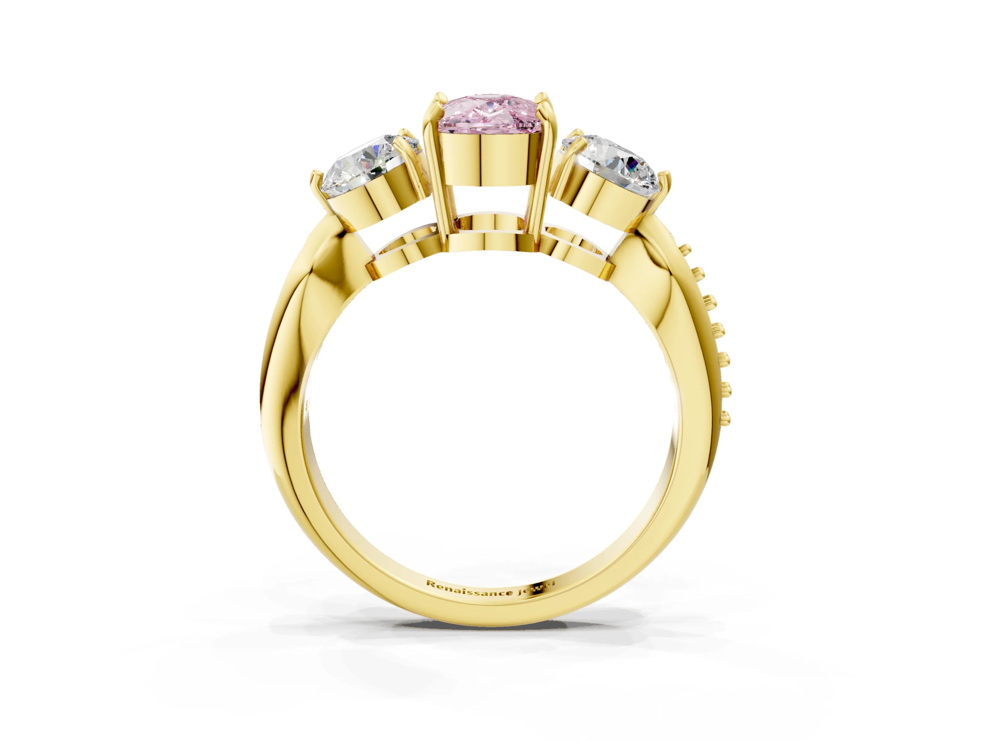 Yellow gold Three-Stone Fancy Pink Cushion Cut Diamond Channel Set Engagement Ring with Prong Setting_3