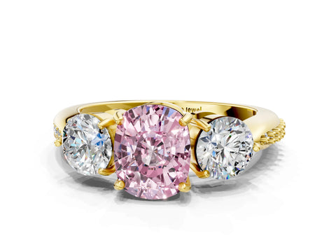 Yellow gold Three-Stone Fancy Pink Cushion Cut Diamond Channel Set Engagement Ring with Prong Setting