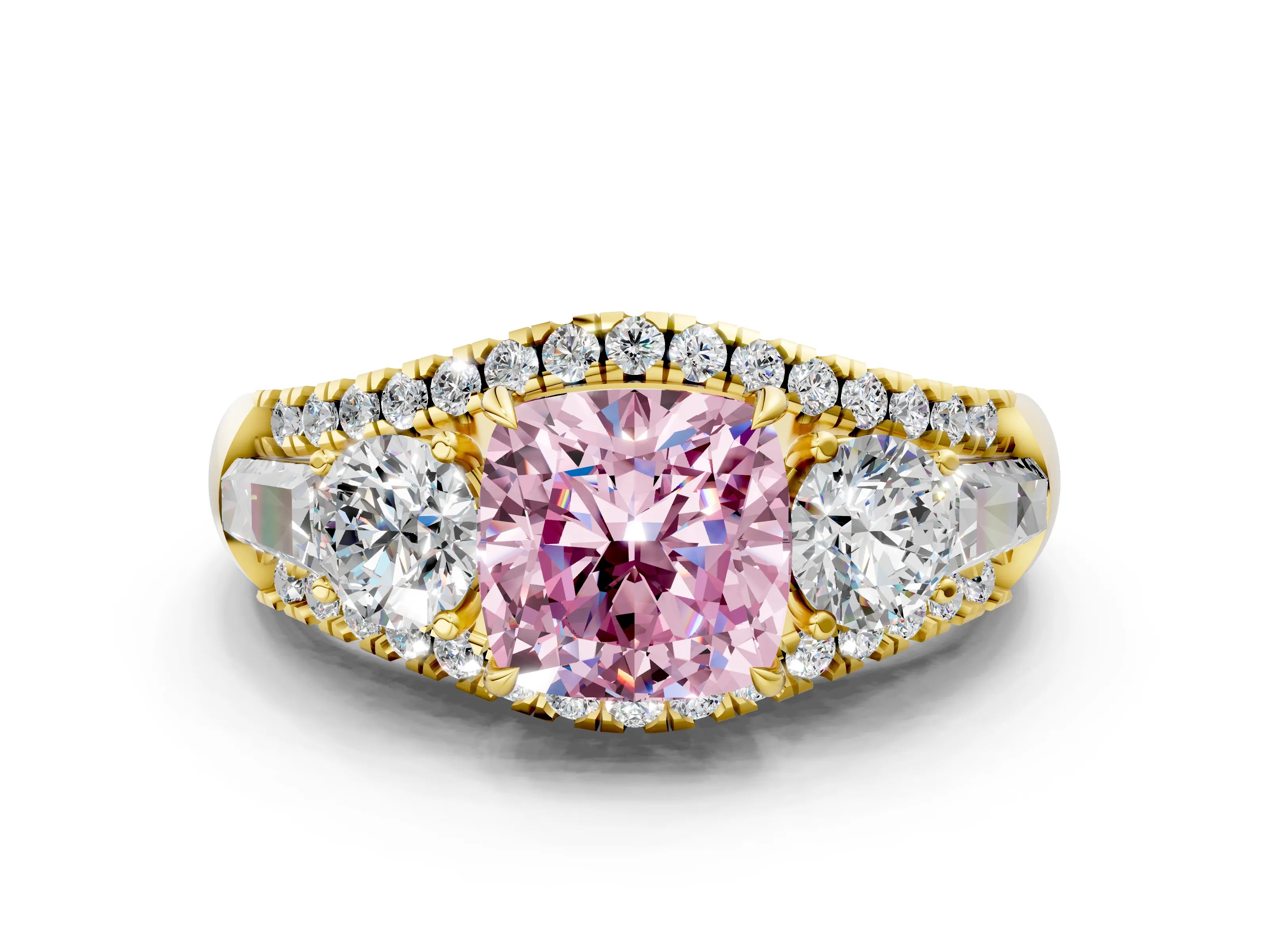Yellow gold Three-Stone Fancy Pink Cushion Cut Diamond Engagement Ring with Pave Band and Prong Setting_12