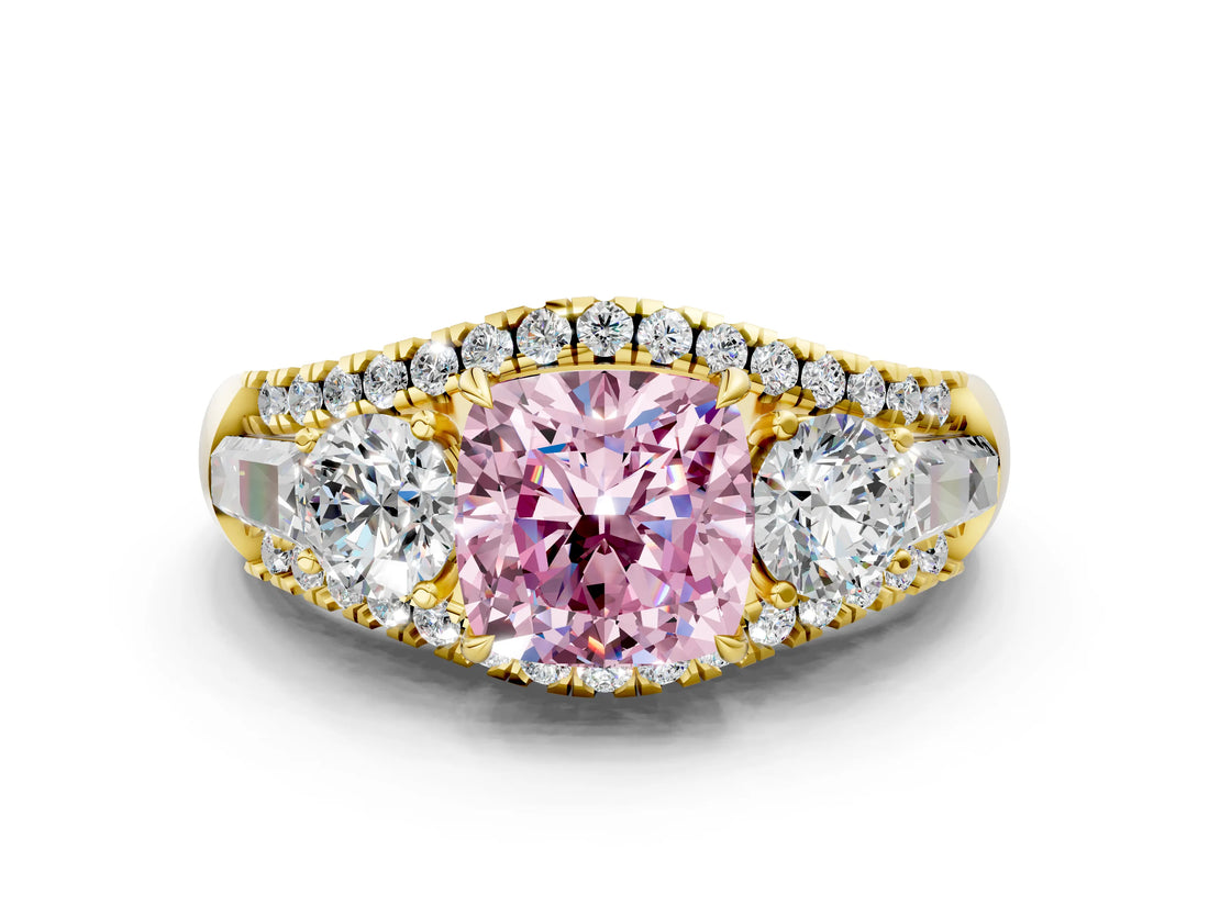 Yellow gold Three-Stone Fancy Pink Cushion Cut Diamond Engagement Ring with Pave Band and Prong Setting_12