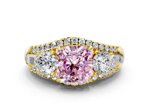 Yellow gold Three-Stone Fancy Pink Cushion Cut Diamond Engagement Ring with Pave Band and Prong Setting