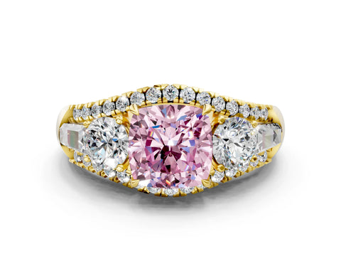 Yellow gold Three-Stone Fancy Pink Cushion Cut Diamond Engagement Ring with Pave Band and Prong Setting_12